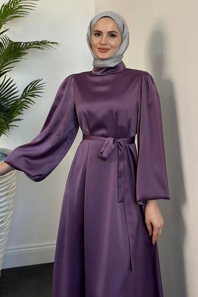 KaSheHa Purple Satin Dress - Dimitra Balloon Sleeve