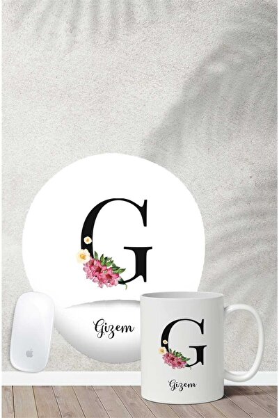 Gizeo Concept G Harfli Isme Özel Çiçekli Bilek Destekli Mouse Pad Kupa Seti
