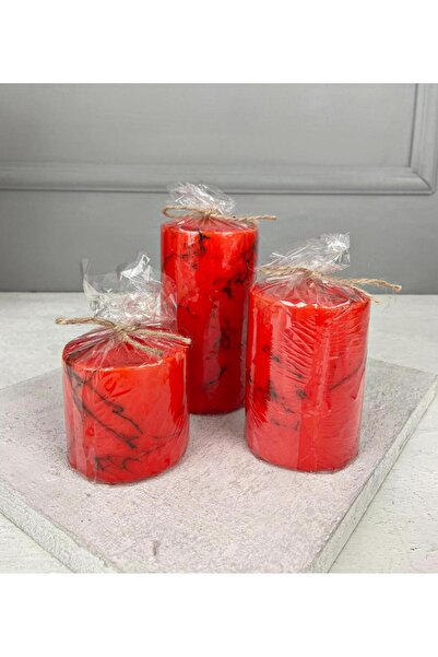 PEKİBU 3'LÜ MERMER DESEN KOKULU MUM SETİ KIRMIZI