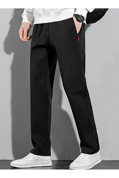 CAONNES Μαύρο υπέροχο υφασμάτινο παντελόνι φόρμας με φαρδιά γραμμή, άνετο υφα...