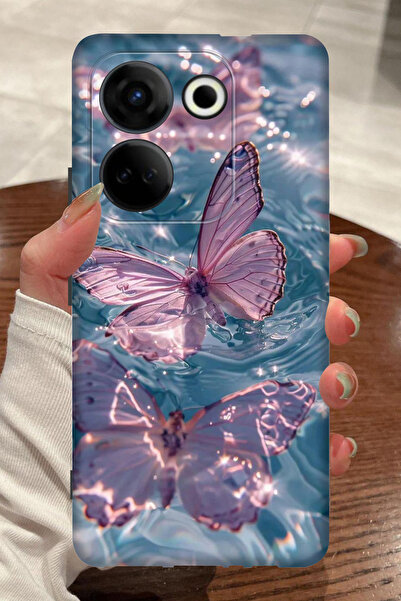 TECNO Camon 20 Pro Pembe Kelebek Desenli Kamera Korumalı HD Baskılı Silikon Kılıf