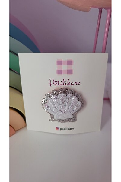 PÖTİLİKARE Beyaz Renk Denizkabuğu Temalı Glitter Deri Saçsız Bebek Tokası