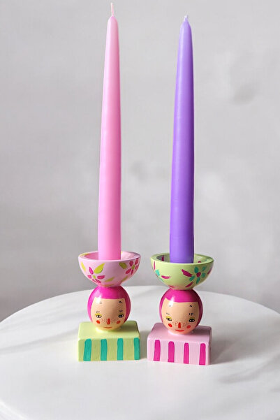 ARİENEL Dekoratif Mumluk Şamdan | Mathilda | Pembe Saçlı | 2'li Set | El Yapımı | Çok Renkli