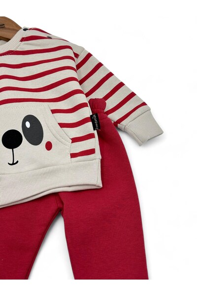 voyyo kids baby ERKEK ÇOCUK ÇİZGİLİ SEVİMLİ PANDA BASKILI KIŞLIK 3 İP ŞARDONLU POLARLI BEBEK TAKIMI