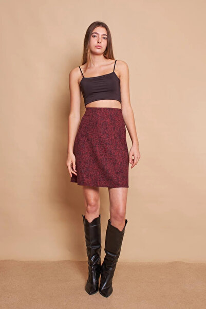 Up Shop Bordo Desenli Hafif Likralı Yünlü Jakar Kumaş Yüksek Bel Çan Etek