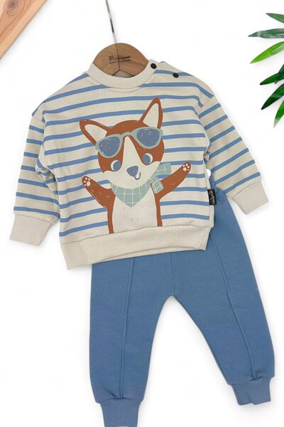 voyyo kids baby ERKEK BEBEK KIŞLIK 3 İP ŞARDONLU POLARLI TİLKİ BASKILI ÇİZGİLİ ALT ÜST BEBEK TAKIMI