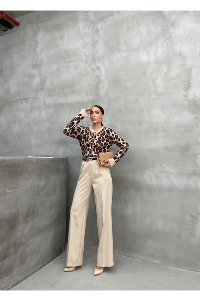 TİSHOOSTORE High Waist Stone Fabric Palazzo Pants with Belt