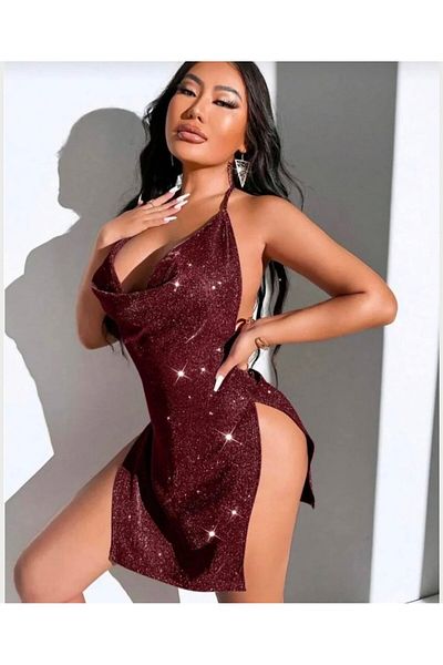 İntive Lingerie Real Passione Burgundy Glittery Shiny Gradient ύφασμα στήθος και πόδι Χαμηλότερο μίνι νυχτικό/Babydoll -1011