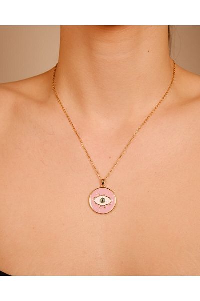 Lekka Design Pink Enameled Medallion Eye Non-Tarnish Steel Jewelry Women's Necklace