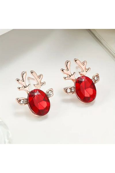 Takıtolia Deer Figured Red Stone Special Design Gift Earrings