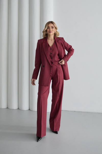 HOEK Kadın Bordo Çizgili Blazer Ceket Yelek Pantolon Takım Elbise