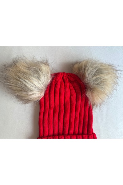 vikivin bebe Çift Ponponlu Kırmızı Unisex Çocuk Bere