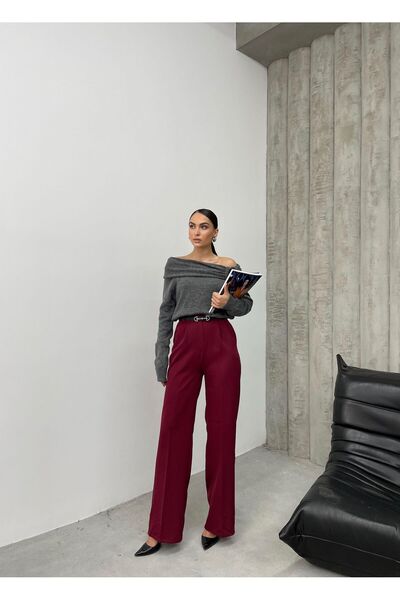 TİSHOOSTORE Kemerli Yüksek Bel Bordo Kumaş Palazzo Pantolon