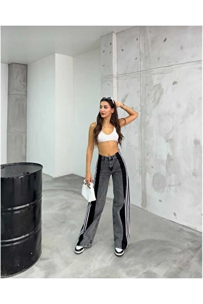 pass&pass POLOPASS 024 Kadın Penye Şeritli Püsküllü Paça Jeans Kot Denim Pant...