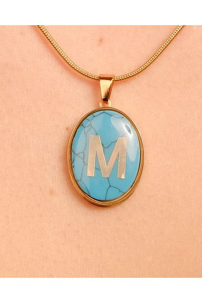 Lekka Design VIP Series Steel Women's M Letter Turquoise Stone Medallion Letter Necklace