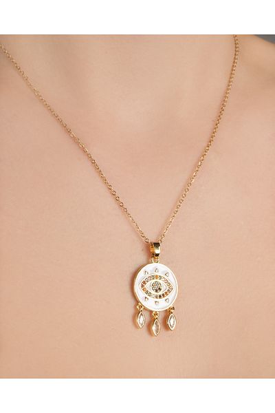 Lekka Design Women's Non-Tarnish Steel Jewelry White Enamel Eye Necklace with Swinging Drop Stones