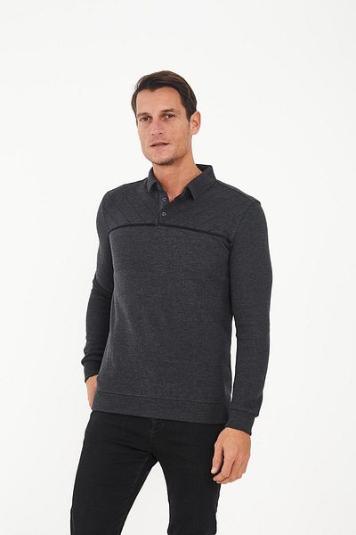 Maccali Men's Versatile Striped Winter Long Anthracite Polo Neck T-Shirt