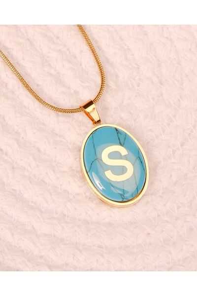 Lekka Design S Letter Turquoise Rhinestone Medallion Women's Jewelry Non-Tarnish Steel Letter Necklace