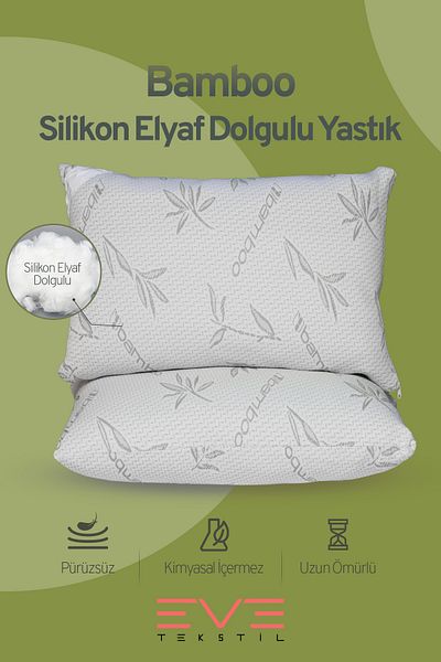 Eve Tekstil Bamboo Grey Series - 8 Pcs Antiallergic Silicone Fiber Pillows with Cover Zipper and Washable 50X70Cm