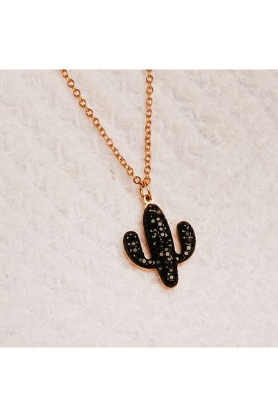 Lekka Design Black Zircon Stone Cactus Non-Tarnish Steel Women's Necklace