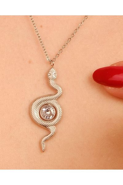 Lekka Design Silver Colored Zircon Stone Snake Non-Tarnish Steel Jewelry Women's Necklace