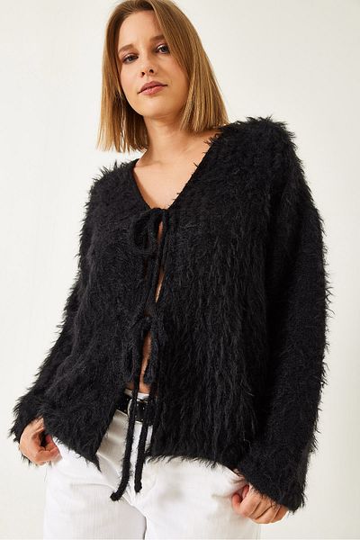 Bianco Lucci Women's Furry Lace-Up Cardigan 241116 60261223