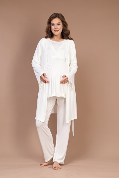 Rimel Homewear Pregnant Maternity Pajamas Set with Flywheel Sleeves and Double Breasted Women's Dressing Gowns