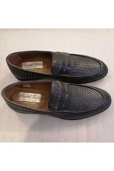 Butik Tülin Unisex Genuine Cowhide Hand Knitted Navy Antique Banded Non-Slip Rubber Sole Loafer Made in Italy
