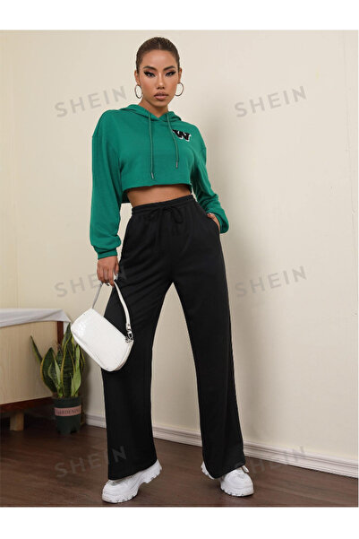 CAONNES Μαύρο φαρδύ, ελαστικό, άνετο υφασμάτινο παντελόνι φούτερ