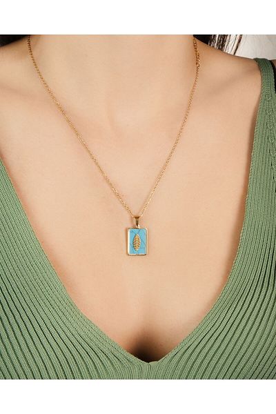 Lekka Design Women's Non-Tarnish Steel Jewelry Turquoise Jewelled Leaf Rectangular Plate Necklace