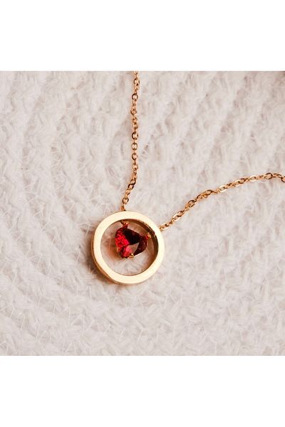 Lekka Design Red Zircon Stone Heart Ring Rose Steel Necklace