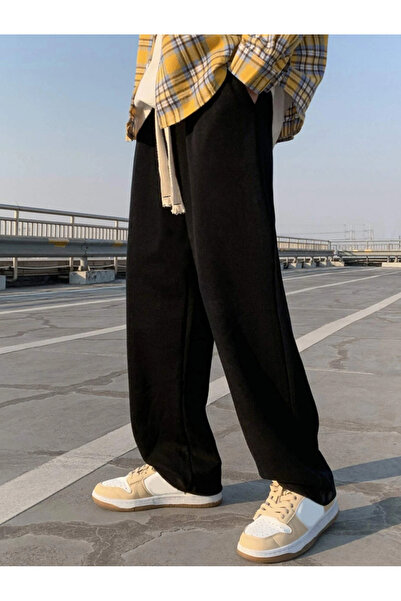 CAONNES 2 τμχ Μαύρο γκρι φαρδύ φαρδύ παντελόνι φούτερ από ελαστικό άνετο ύφασμα