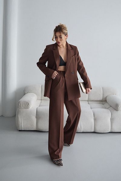HOEK Women's Brown Blazer Jacket Palazzo Pants Suit
