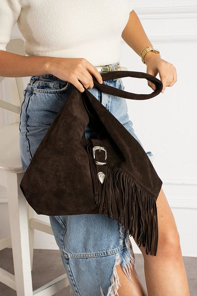 DSN Genuine Leather Suede Tasseled Western Special Design Buckle Shoulder Bag Brown