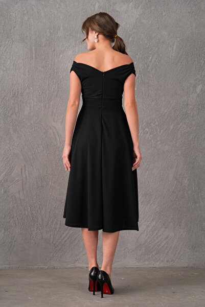 barış sülün lovebox Dámská flexibilní tkanina s dvojitým výstřihem a výstřihem do zvonu černé večerní šaty Černé promoce šaty 046