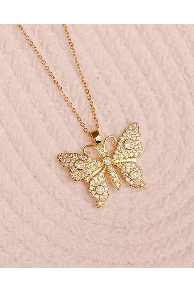 Lekka Design Women's Non-Tarnish Steel Zircon Stone Mother Butterfly Necklace