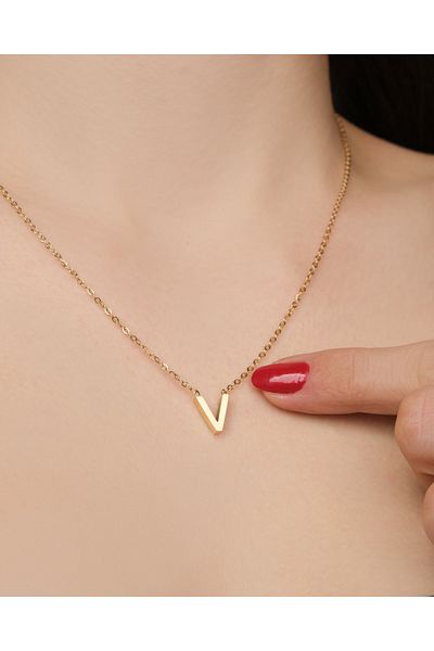 Lekka Design Women's Non-Tarnish Steel Jewelry V Letter Necklace