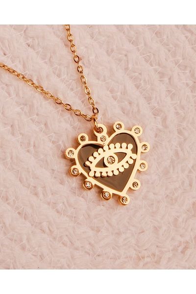 Lekka Design Women's Non-Tarnish Steel Jewelry Black Enamel Eye Heart Necklace with Zircon Stone