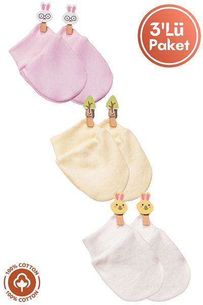 Miniel Baby Girl Newborn Combed Organic Cotton Baby Gloves Set of 3 - Pink