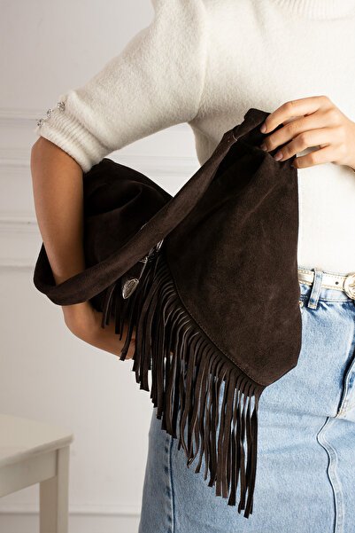 DSN Hakiki Deri Süet Püsküllü Western Özel Tasarım Tokalı Omuz Çanta Kahverengi