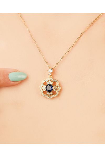 Lekka Design Women's Non-Tarnish Steel Jewelry Navy Blue Zircon Stone Flower Necklace