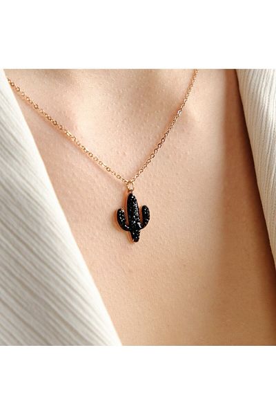 Lekka Design Black Zircon Stone Cactus Non-Tarnish Steel Women's Necklace