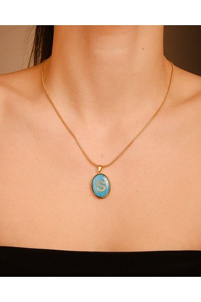 Lekka Design S Letter Turquoise Rhinestone Medallion Women's Jewelry Non-Tarnish Steel Letter Necklace