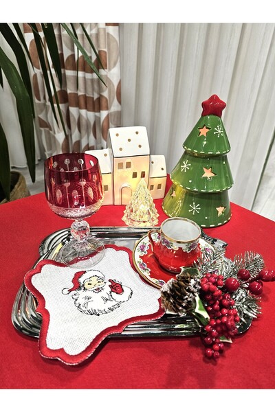 Yılbaşı Serisi Noel Baba Nakışlı Kokteyl Peçetesi , Kahve Yanı Ve Bardak Altlığı