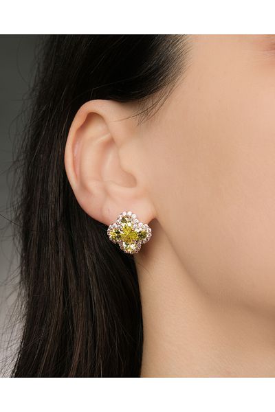 Lekka Design Women's Non-Tarnish Steel Luxury Jewelry Green Zircon Stone Clover Earrings