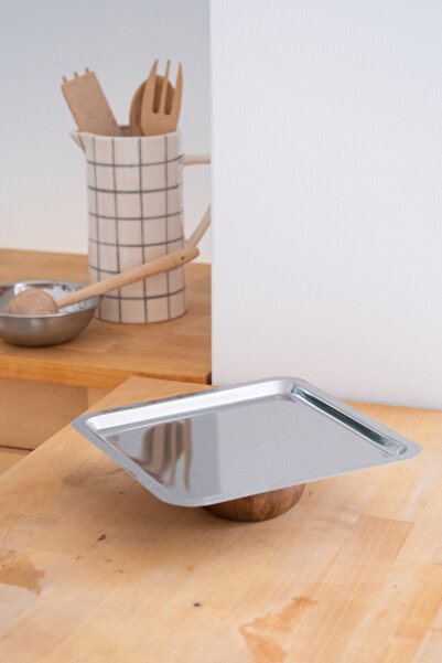 Beige & Stone Metal Square Serving/Dressing Tray with Wooden Legs