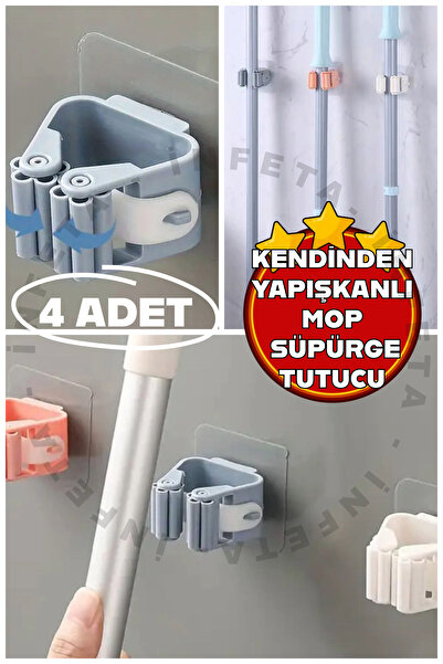 İnfeta 4 Adet Yapışkanlı Mop Fırça Sap Tutucu Banyo Mutfak Eşya Süpürge Mop Tutucu Organizer Askı