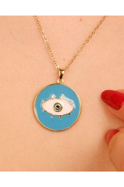 Lekka Design Turquoise Enameled Locket Eye Non-Tarnish Steel Jewelry Women's Necklace