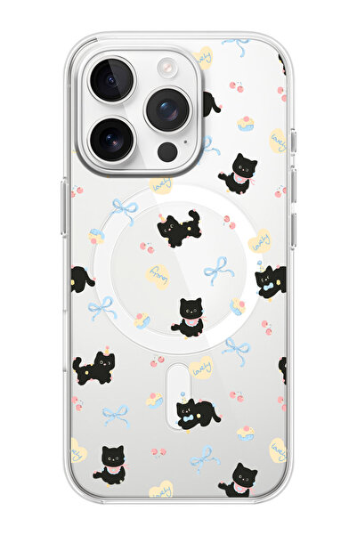 shoptocase iPhone 16 PRO Uyumlu Lovely Cat Desenli MagSafe Şeffaf Silikon Tel...
