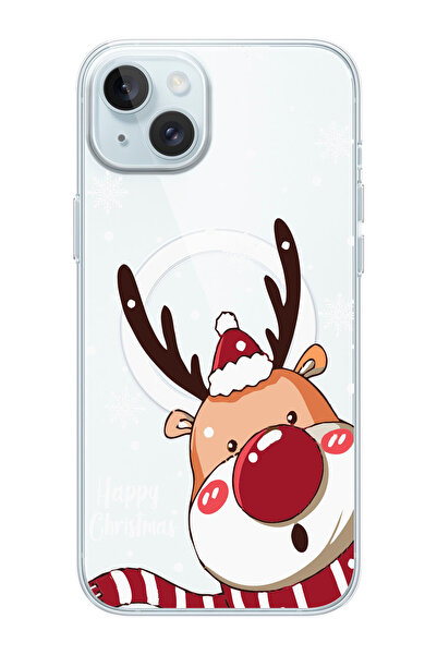 shoptocase iPhone 15PLUS/14PLUS Uyumlu Noel Geyik Desenli MagSafe Şeffaf Sili...